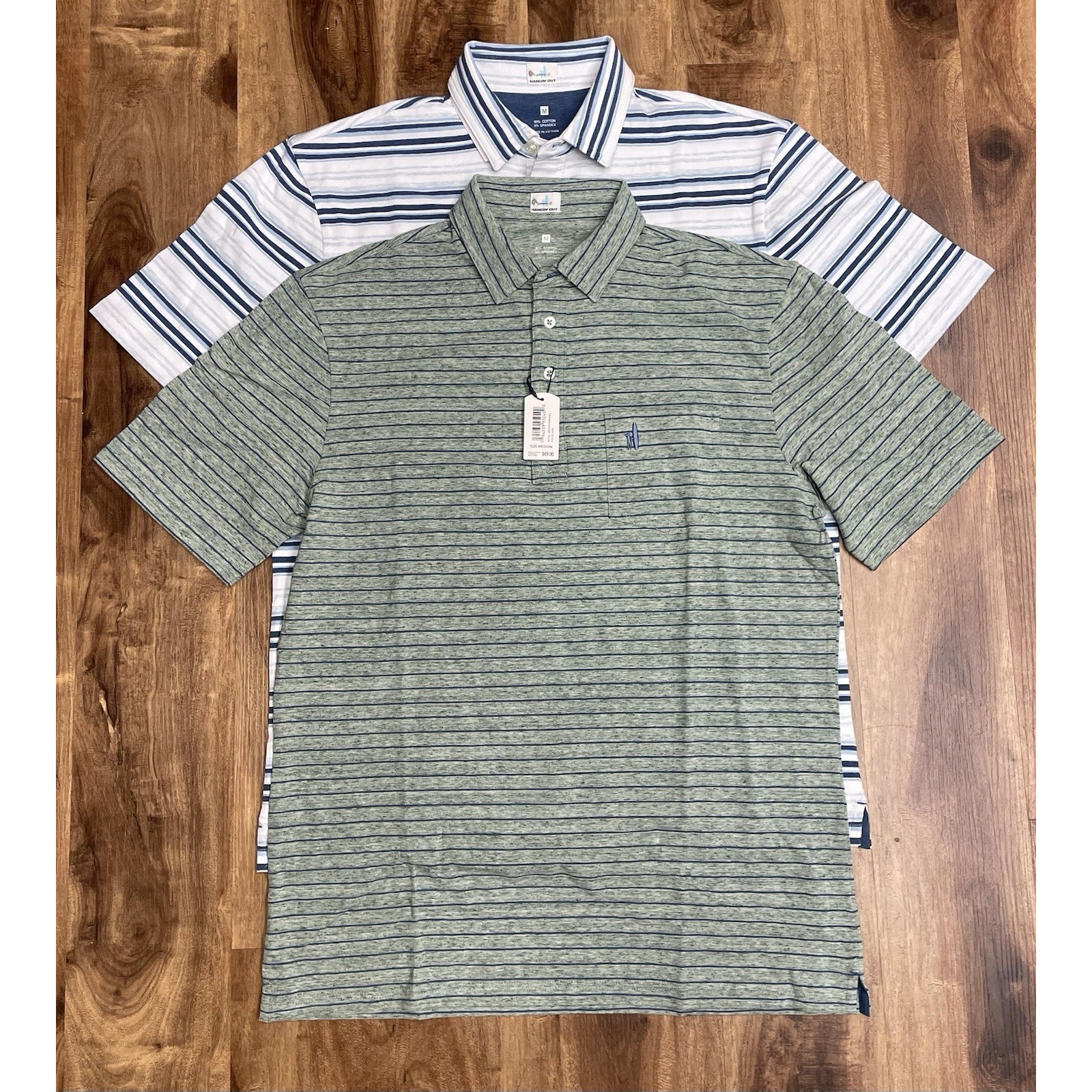 Johnnie O Hanging Out Polo Shirt Lot (2) Striped Green/White/Blue Nwt Men's M